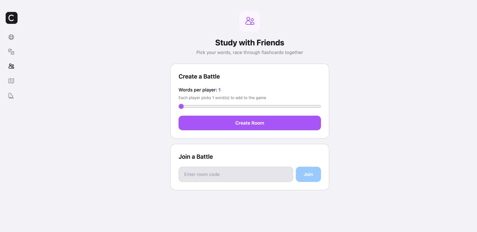 Conjugo battle screen for creating or joining a flashcard race